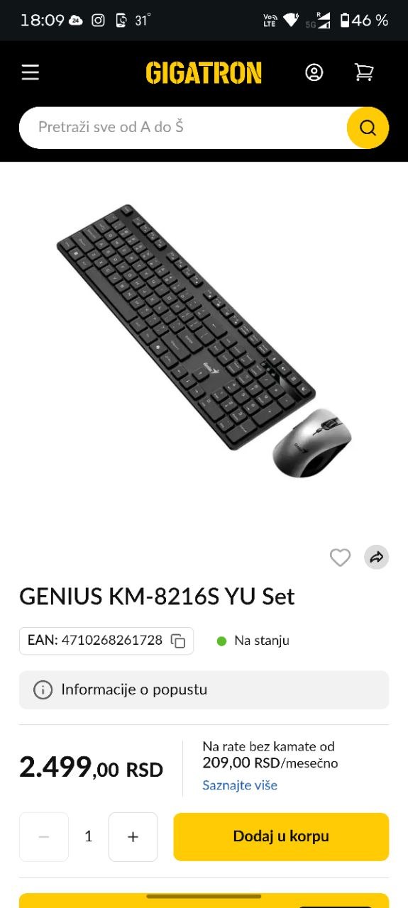 Комплект переферии из беспроводной клавиатуры и мыши GENIUS KM-8216S YU Set. — фото